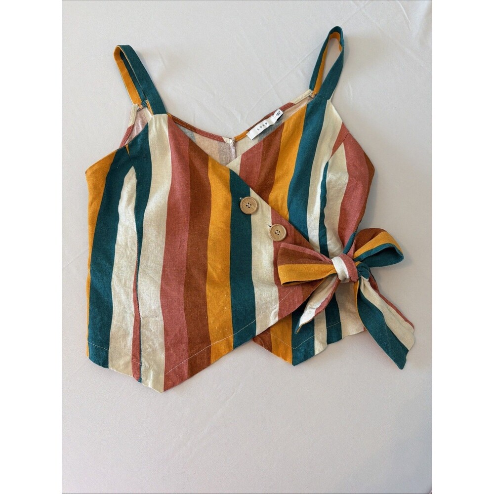 Lush Size S Striped Linen Blend Crop Top V Neck Wrap Tank Tie Front Boho Summer